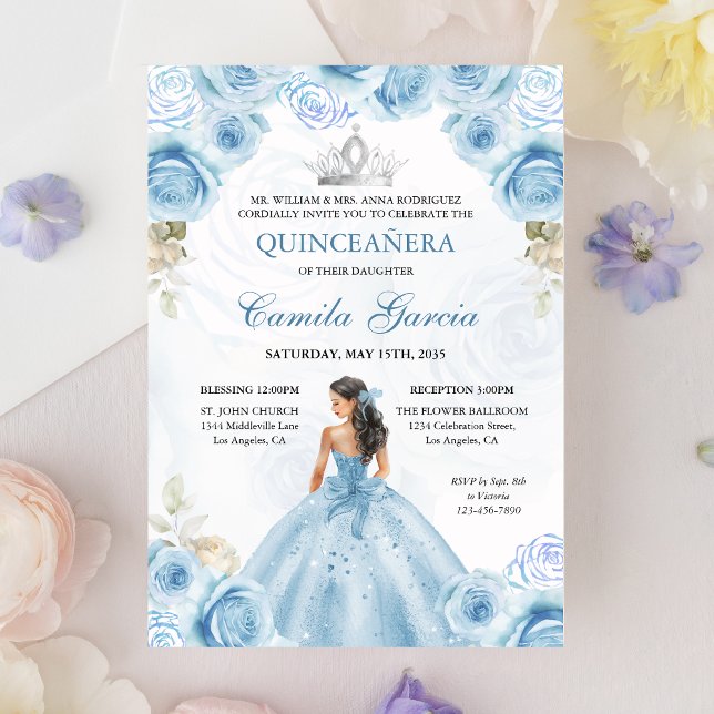 Invitación Princesa Floral Dusty Azul y Plata Quinceañera (Subido por el creador)