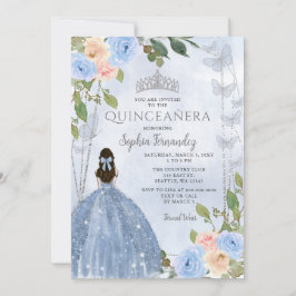 Invitación Princesa Floral Dusty Blue Silver Quinceañera