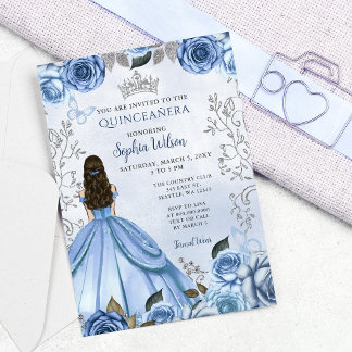 Invitación Princesa Floral Dusty Blue Silver Quinceañera