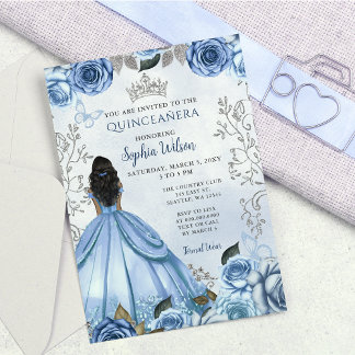 Invitación Princesa Floral Dusty Blue Silver Quinceañera