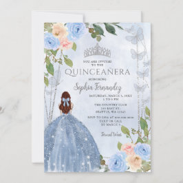 Invitación Princesa Floral Dusty Blue Silver Quinceañera