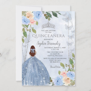 Invitación Princesa Floral Dusty Blue Silver Quinceañera