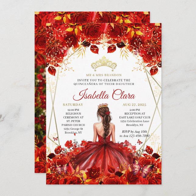 Invitación Princesa Floral Glamorosa Roja y Oro Quinceanera (Anverso / Reverso)