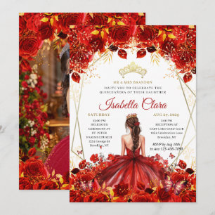 Invitación Princesa Floral Glamorosa Roja y Oro Quinceanera