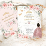 Invitación Princesa Floral Marrón de sabores rosados Quinceañ<br><div class="desc">Esta invitación de moda para el cumpleaños de Quinceañera cuenta con un chica marrón bonito vestido con un traje brillante de oro/bola de color rosa, color de agua rosa floral y vegetación suave. Personalízalo con tus detalles de forma fácil y rápida, simplemente pulsa el botón personalizar it para reorganizar y...</div>