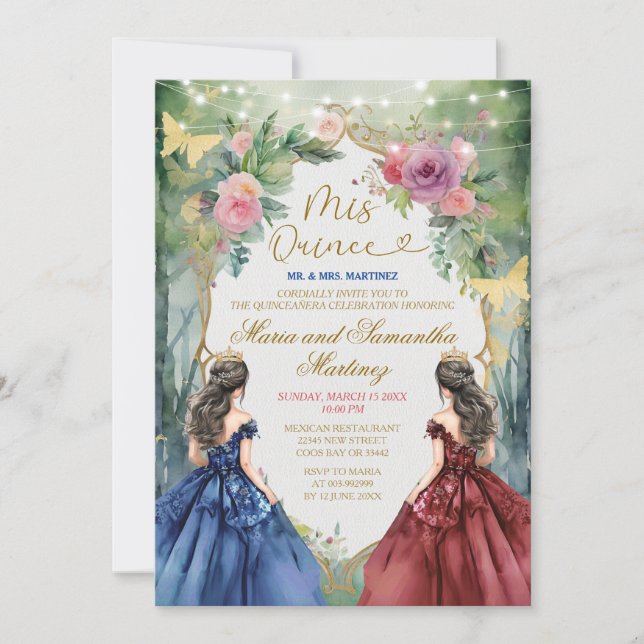 Invitación Princesa Floral Mis Quince con doble vestimenta az (Anverso)