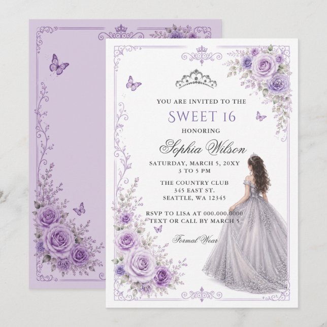 Invitación Princesa Floral Morado Plateado Cumpleaños 16 (Anverso / Reverso)