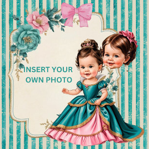 Invitación Princesa floral personalizada victoriana rosa y az