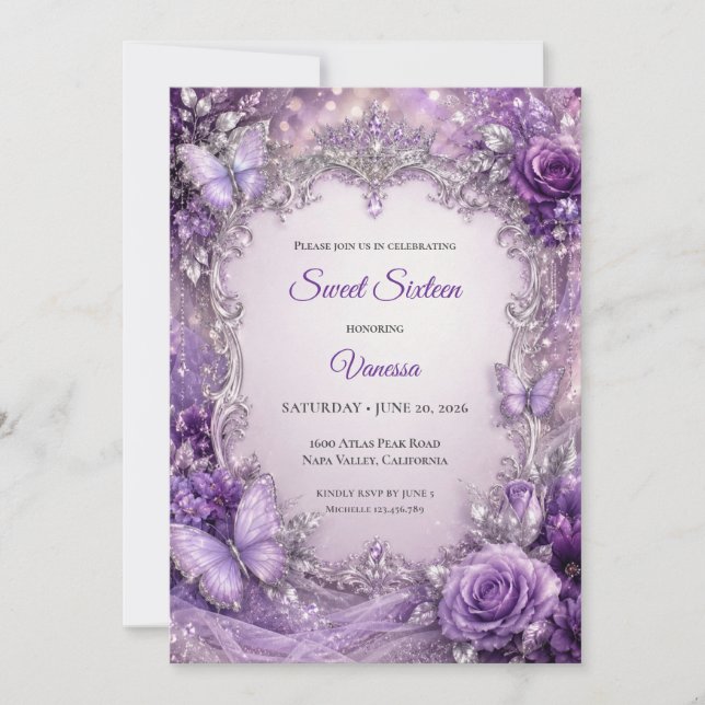 Invitación Princesa Floral Plateada Morada Cumpleaños 16 (Anverso)