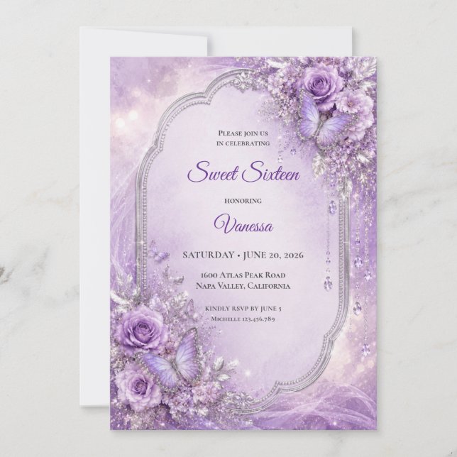 Invitación Princesa Floral Plateada Morada Cumpleaños 16 (Anverso)