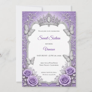 Invitación Princesa Floral Plateada Púrpura Dulces 16