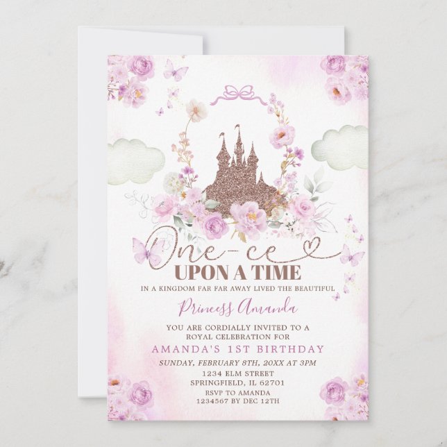 Invitación Princesa Floral Púrpura Castillo Real Primer Cumpl (Anverso)