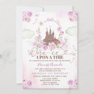 Invitación Princesa Floral Púrpura Castillo Real Primer Cumpl