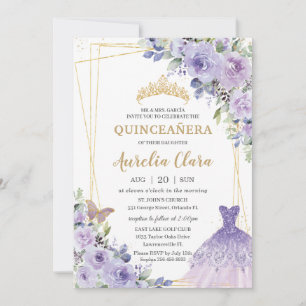 Invitación Princesa Floral Púrpura de Quinceañera