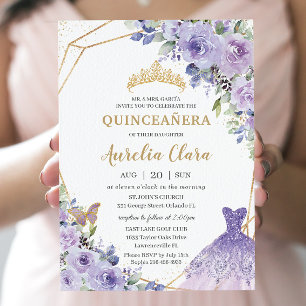 Invitación Princesa Floral Púrpura de Quinceañera Gown Tiara