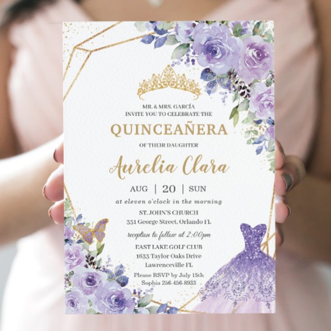 Invitación Princesa Floral Púrpura de Quinceañera Gown Tiara  (Subido por el creador)