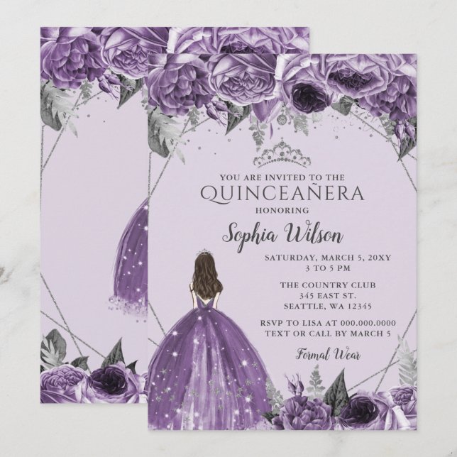Invitación Princesa Floral Púrpura Plata Quinceañera (Anverso / Reverso)