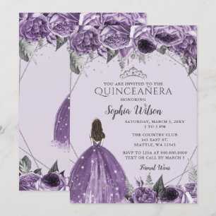 Invitación Princesa Floral Púrpura Plata Quinceañera