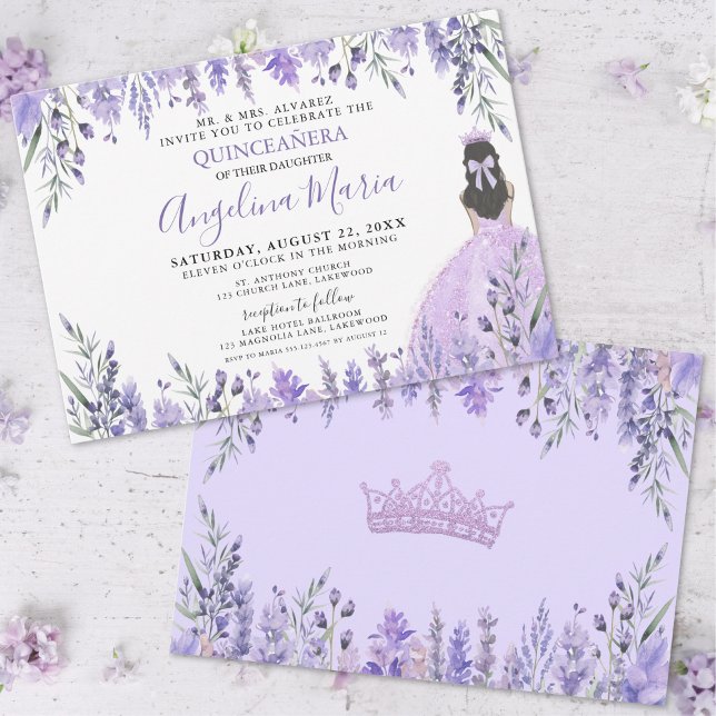 Invitación Princesa Floral Púrpura Quinceañera Lilac (Quinceañera Lilac Purple Floral Princess Invitation )