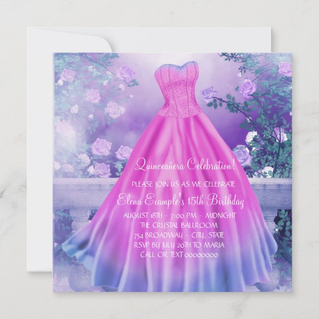 Invitación Princesa Floral Púrpura Rosa Quinceañera (Anverso)