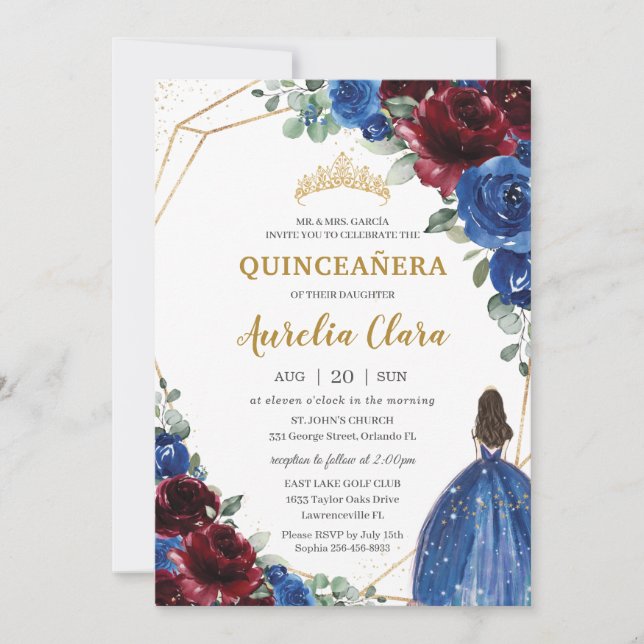 Invitación Princesa Floral Real de Borgoña Azul de Quinceañer (Anverso)