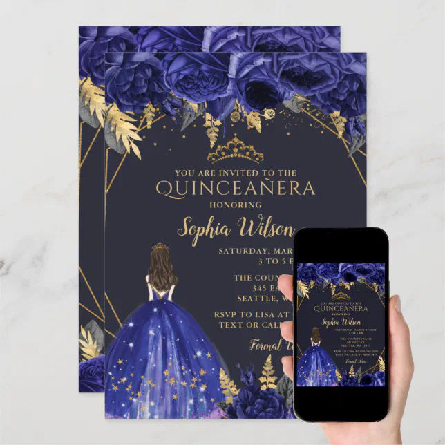 Invitación Princesa Floral Real De Oro Azul Quinceañera Invi Zazzle Es