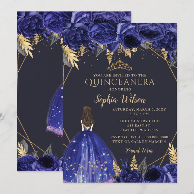 Invitación Princesa Floral Real de Oro Azul Quinceañera Invi (Anverso / Reverso)