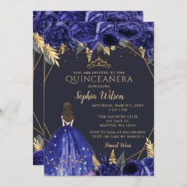 Invitación Princesa Floral Real de Oro Azul Quinceañera Invi