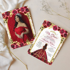 Invitación Princesa Floral Roja Arco de Oro Foto Quinceanera