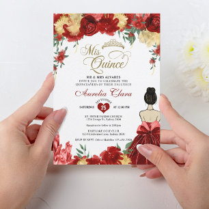 Invitación Princesa Floral Roja Ruby Mis Quince Quinceañera