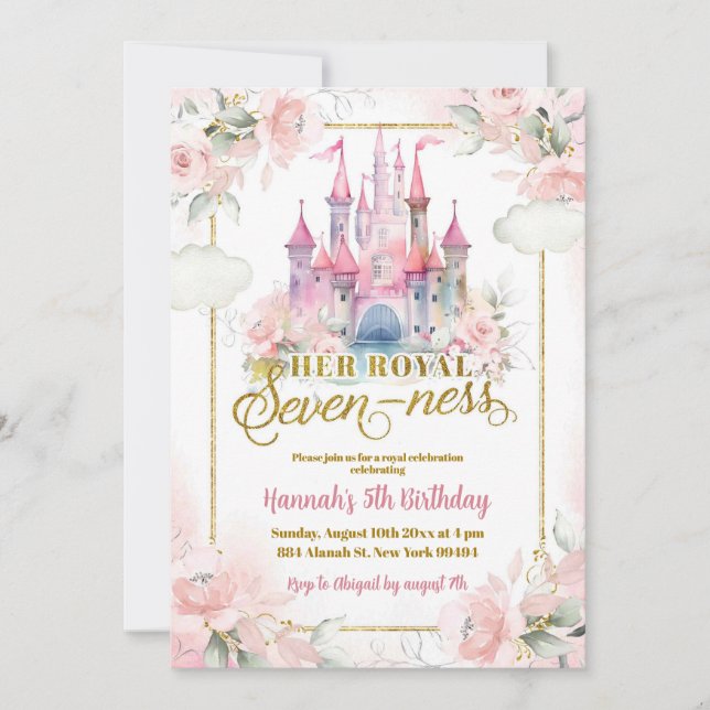 Invitación Princesa Floral Rosa Castillo Real 7 cumpleaños (Anverso)