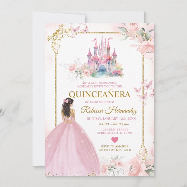 Invitación Princesa Floral Rosa Castillo Real Oro Quinceañera (Anverso)