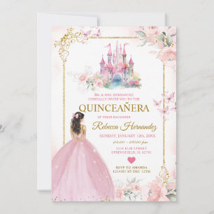 Invitación Princesa Floral Rosa Castillo Real Oro Quinceañera