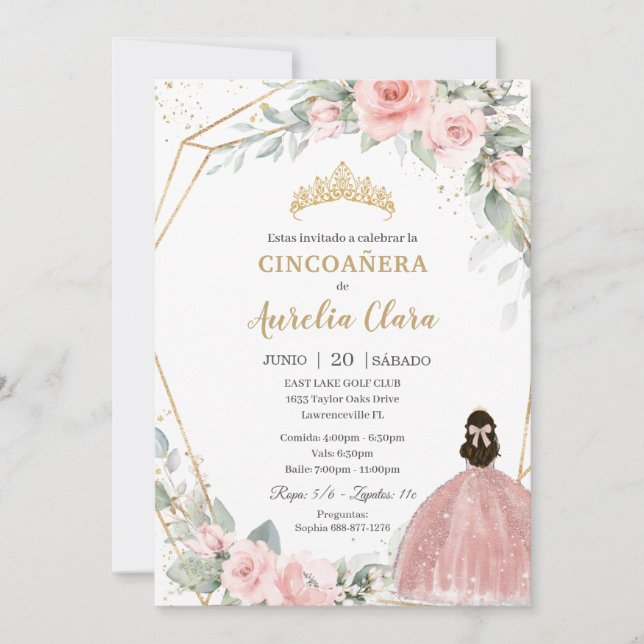 Invitación Princesa Floral Rosa de Rubor Cincoañera 5º cumple (Anverso)