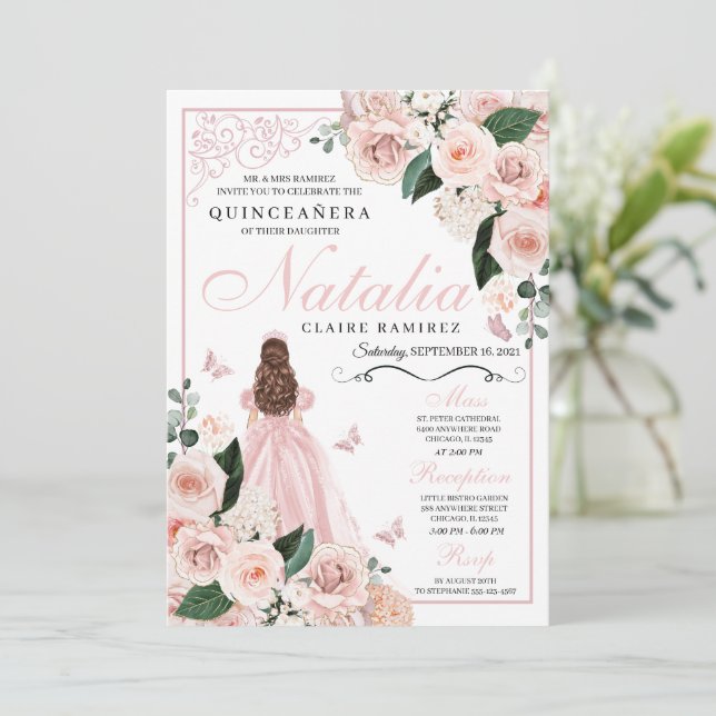 Invitación Princesa Floral Rosa de Rubor Quinceanera (Anverso de pie)