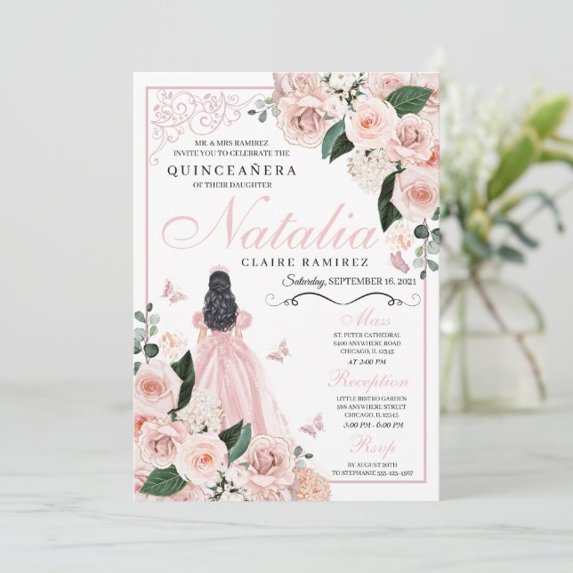Invitación Princesa Floral Rosa de Rubor Quinceanera (Anverso de pie)
