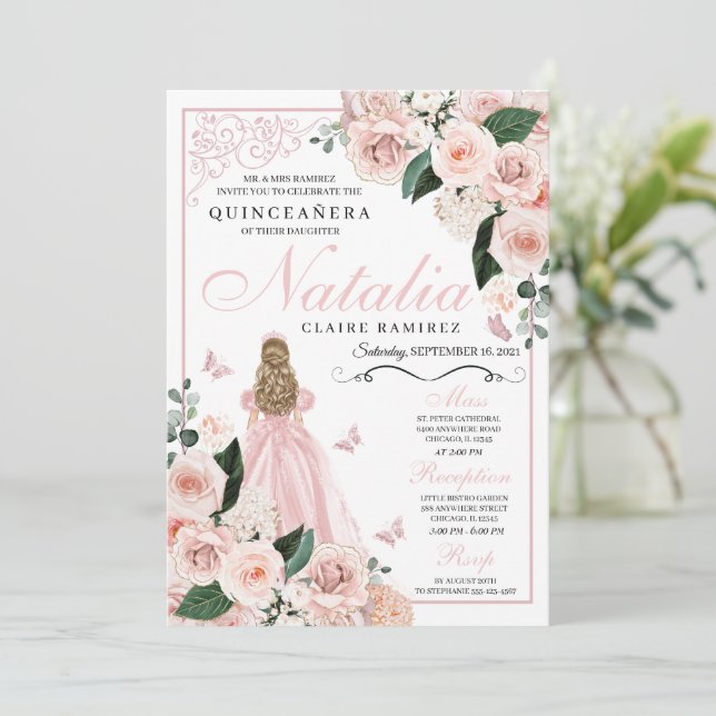Invitación Princesa Floral Rosa de Rubor Quinceanera (Anverso de pie)