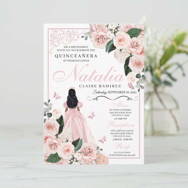 Invitación Princesa Floral Rosa de Rubor Quinceanera (Anverso de pie)