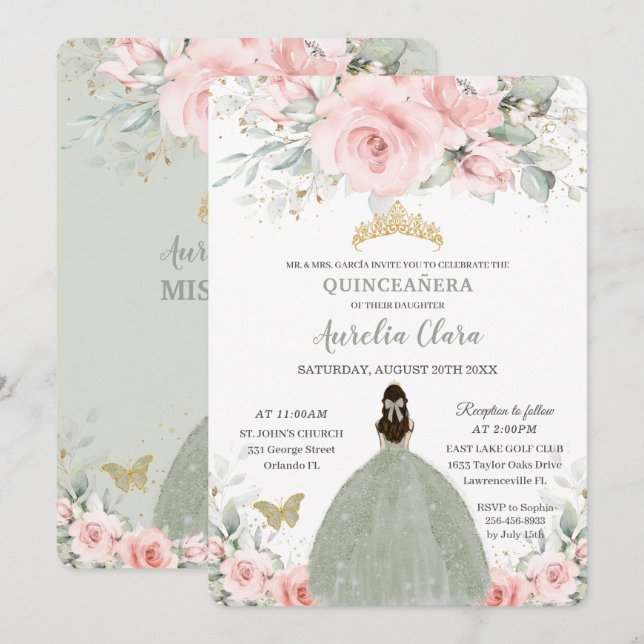 Invitación Princesa Floral Rosa de Rubor Sage Green Quinceañe (Anverso / Reverso)