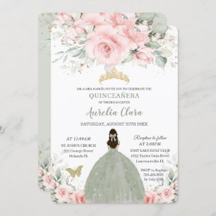 Invitación Princesa Floral Rosa de Rubor Sage Green Quinceañe