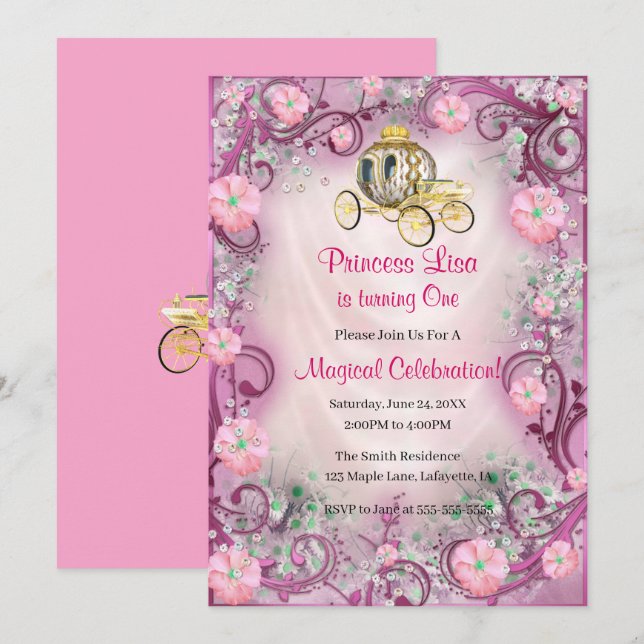 Invitación Princesa Floral Rosa encantada Primer cumpleaños (Anverso / Reverso)