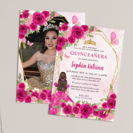 Invitación Princesa Floral Rosa Magenta Quinceañera Foto