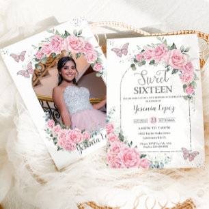 Invitación Princesa Floral Rosa Mariposas Foto Dulce 16
