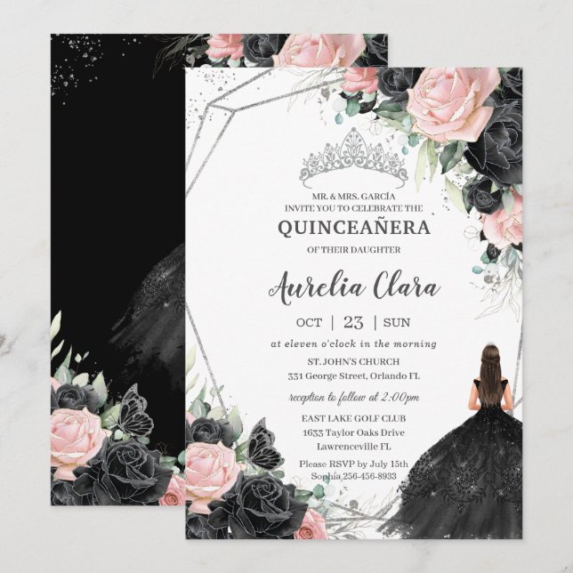 Invitación Princesa floral rosa negra Plata Quinceañera (Anverso / Reverso)