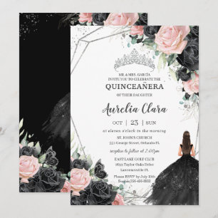 Invitación Princesa floral rosa negra Plata Quinceañera