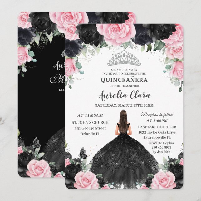 Invitación Princesa Floral Rosa Negra Plata Quinceañera (Anverso / Reverso)