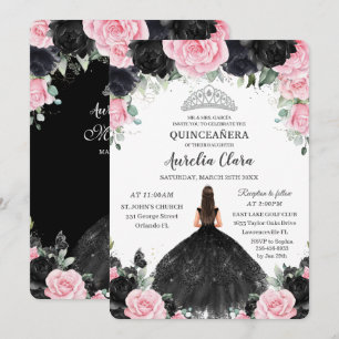 Invitación Princesa Floral Rosa Negra Plata Quinceañera