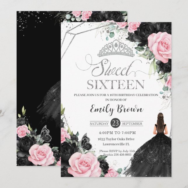 Invitación Princesa Floral Rosa Negro Dulce 16 Plata (Anverso / Reverso)