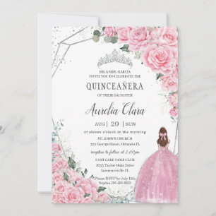 Invitación Princesa Floral Rosa Plata Quinceañera Mis 15