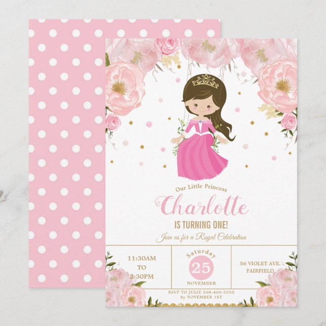 Invitación Princesa Floral Rosa Primera fiesta de cumpleaños (Anverso / Reverso)